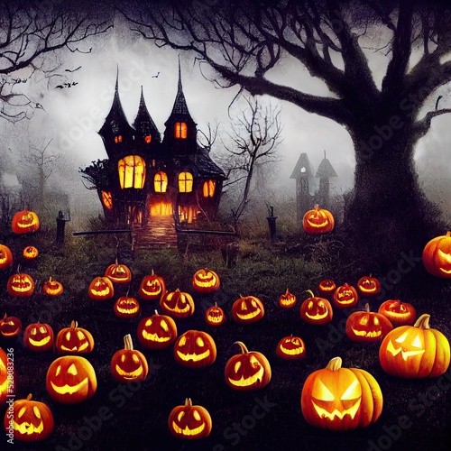 Halloween spooky background, scary pumpkins faces. Scary castle in creepy forest in october dark night autumn gloomy creepy landscape with moon and fog. Happy Halloween outdoor backdrop concept.