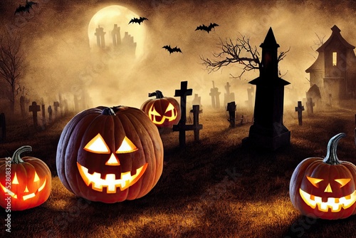 Halloween spooky background, scary pumpkis scene. Spooky graveyard in creepy forest in october dark night autumn gloomy creepy graves with fog and bats. Happy Halloween outdoor backdrop concept photo