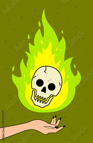 Witch hand with long black nails. Necromancer's hand cast a spell hand posture. Burning skull. Green flame. Hand and scull. Vector illustration. Female necromancer sorcerer. Dark ritual concept. 