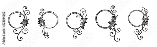 Openwork round frames with flowers, leaves, twigs and curls on a white background. Vector floral frame for holiday greeting card, wedding invitation, banner, signage, labels, laser and plotter cutting