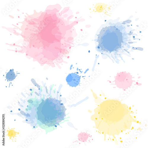 Set of colorful Ink spot and dots. Drops and splashes, blots of liquid paint. Watercolor grunge vector illustration.
