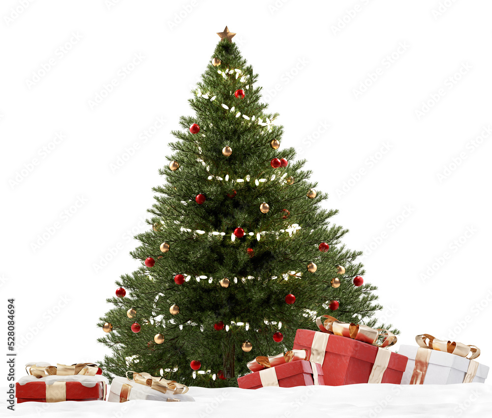 Christmas tree, a green fir decorated, snow and Christmas presents red white and golden 3d-illustration