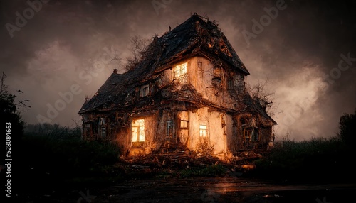 illustration of a cursed house in the evening