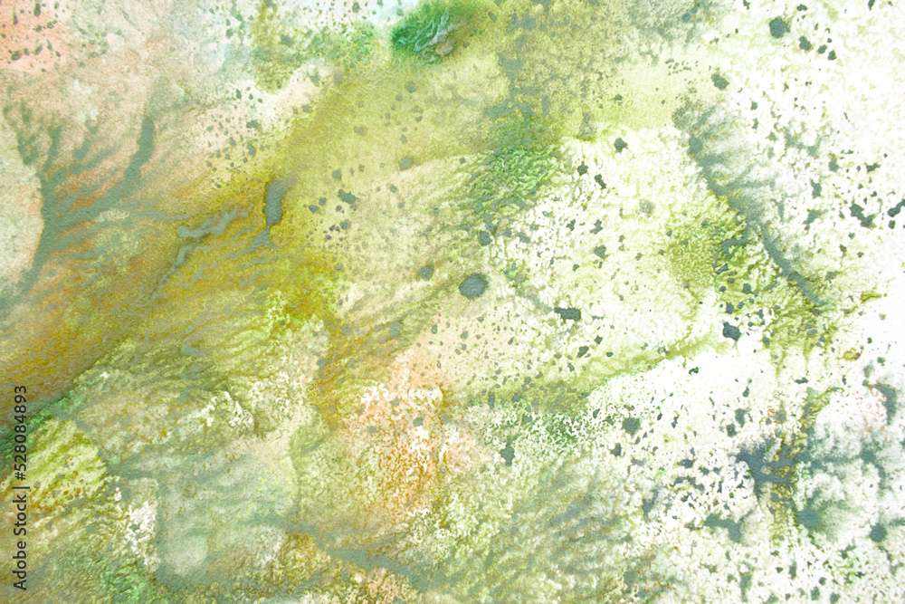 Watercolor grass texture background. Green abstract landscape gradient. Batik graphic. Fall color painting. Design illustration brush stroke. Aquarelle art backdrop