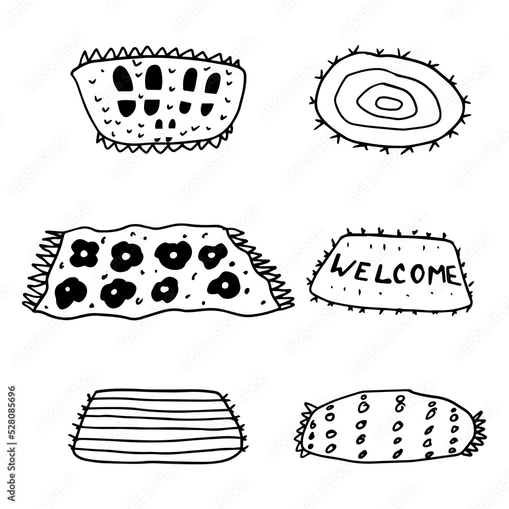 Set of cute doodle welcome or home carpets isolated on white background. Mat or rug collection.