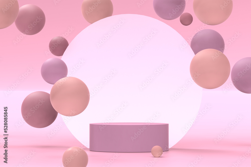 Abstract 3d rendering of podium for cosmetics, perfume, products presentation. Ready made scene. Geometric figures flying next to pink matte pedestal. Futuristic stand mockup Abstract 3d rendering of podium for cosmetics, perfume, products presentation. Ready made scene. Geometric figures flying next to pink matte pedestal. Futuristic stand mockup