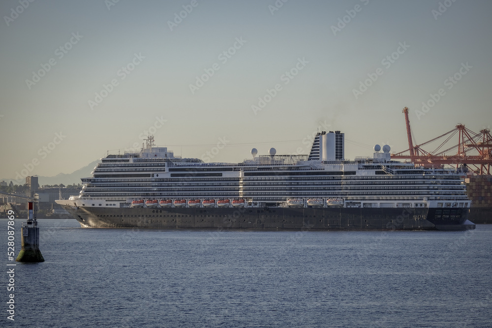 Holland America HAL cruiseship cruise ship liner Koningsdam arrival into Vancouver port, Canada from Alaska cruise