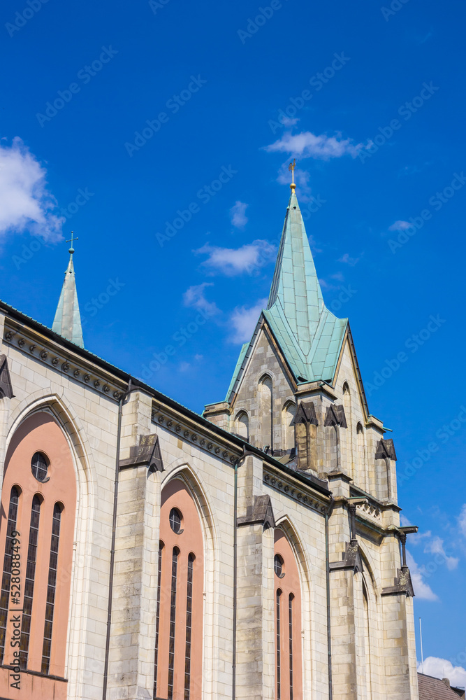 Towers of the historic Gertrud church in Essen, Germany