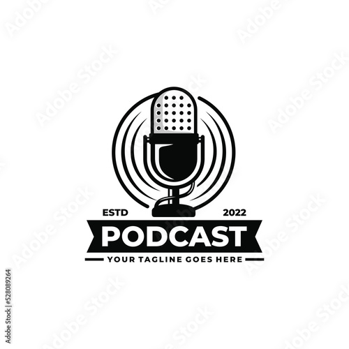 Podcast logo design. Vintage microphone logo