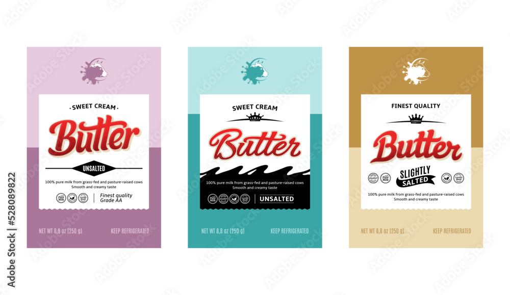 Vector butter logo. Sweet cream butter labels. Cow and milk icon