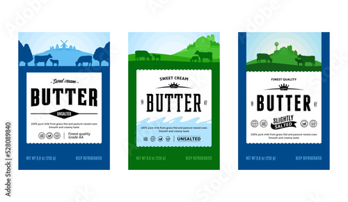 Vector butter logo. Sweet cream butter labels with cows, calves and farm