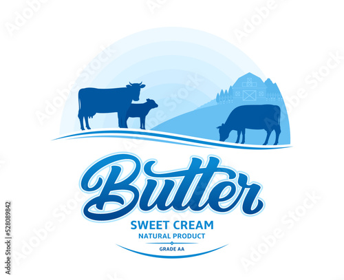 Butter logo with cows and farm. Butter calligraphic logotype