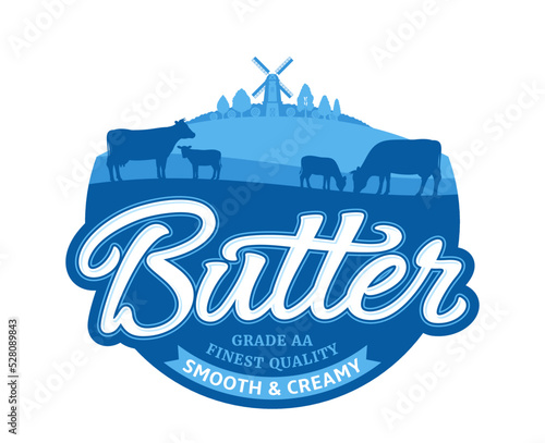 Butter logo with cows, calves and farm. Butter calligraphic logotype