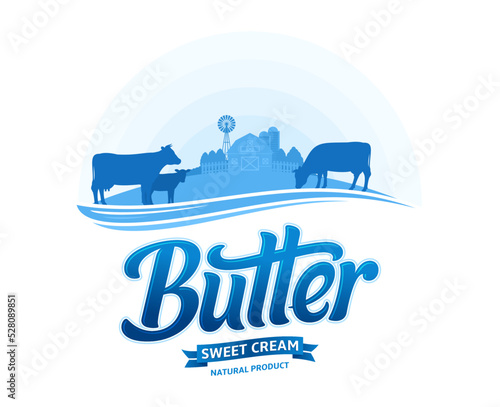 Butter logo with cows and farm. Butter calligraphic logotype