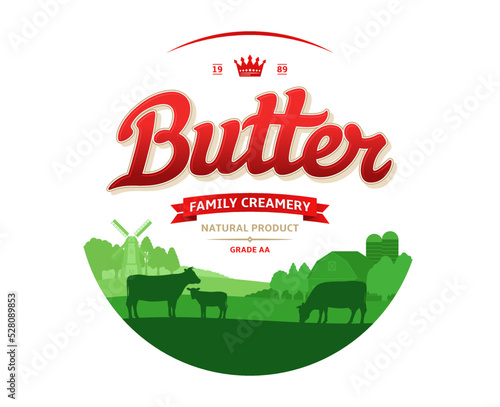 Butter logo with cows and farm. Butter calligraphic logotype