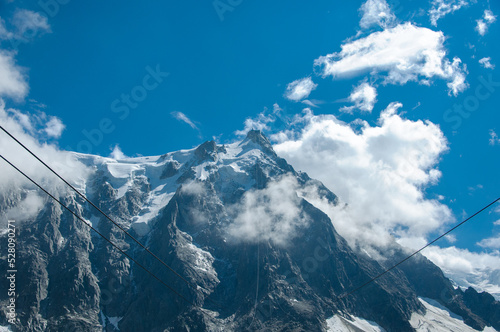 Aiguille du Midi, high mountain of the Mont Blanc massif in the French Alps. Cable car from Chamonix to the top of the Aiguille du Midi.