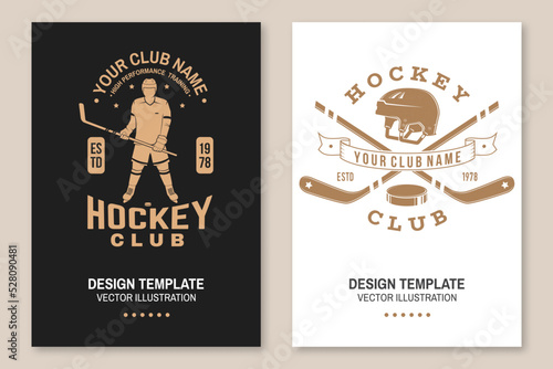 Ice Hockey club logo, badge design. Concept for shirt or logo, print, stamp or tee. Winter sport. Flyer, brochure, banner, poster with player, sticker, puck helmet and skates silhouette. Vector.