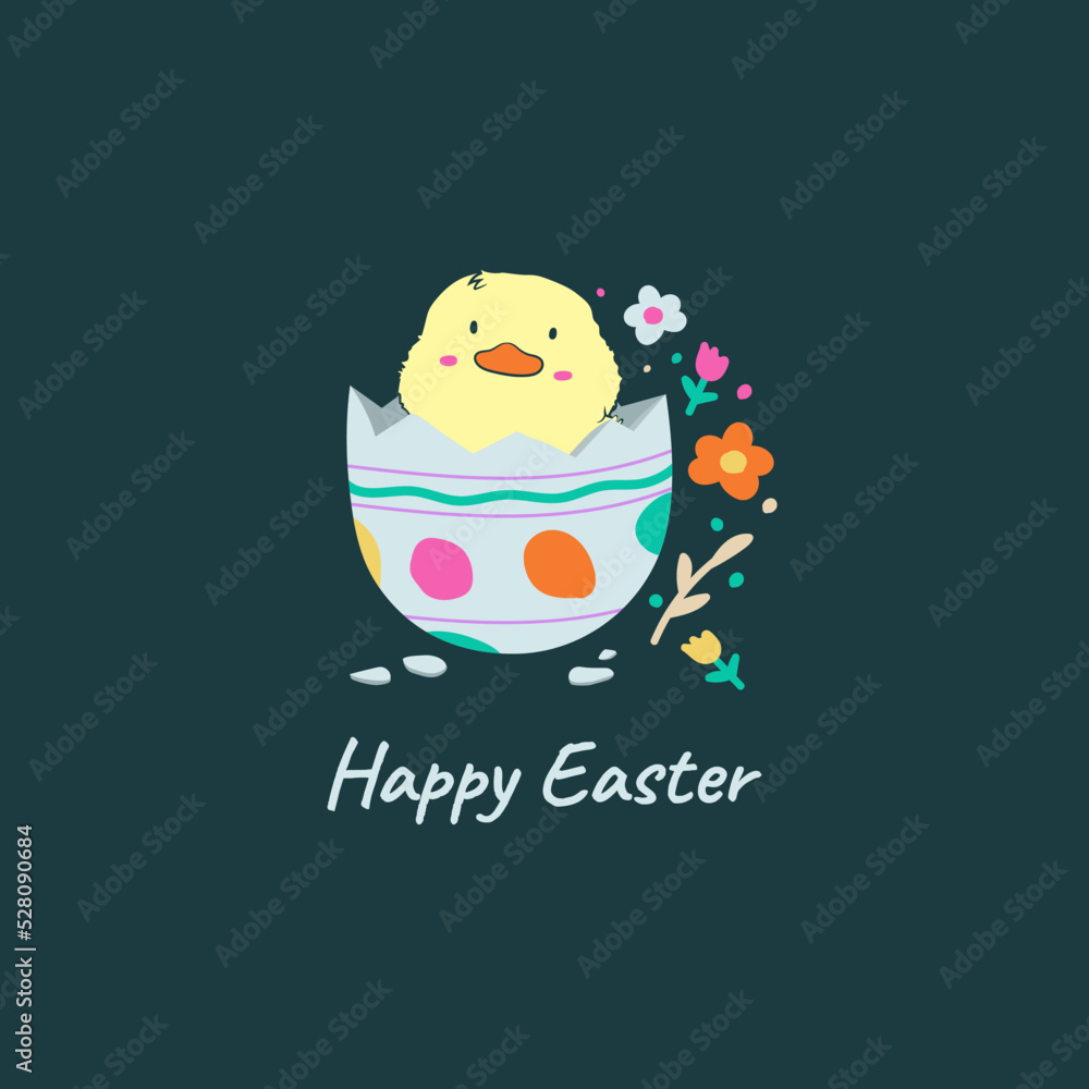 Easter greeting card with chicken. Easter art. Doodle illustration, a card with cartoon duck in egg with spring flowers. Colorful easter card with a chicken. Easter greeting card with chicken. Easter art. Doodle illustration, a card with cartoon duck in egg with spring flowers. Colorful easter card with a chicken.
