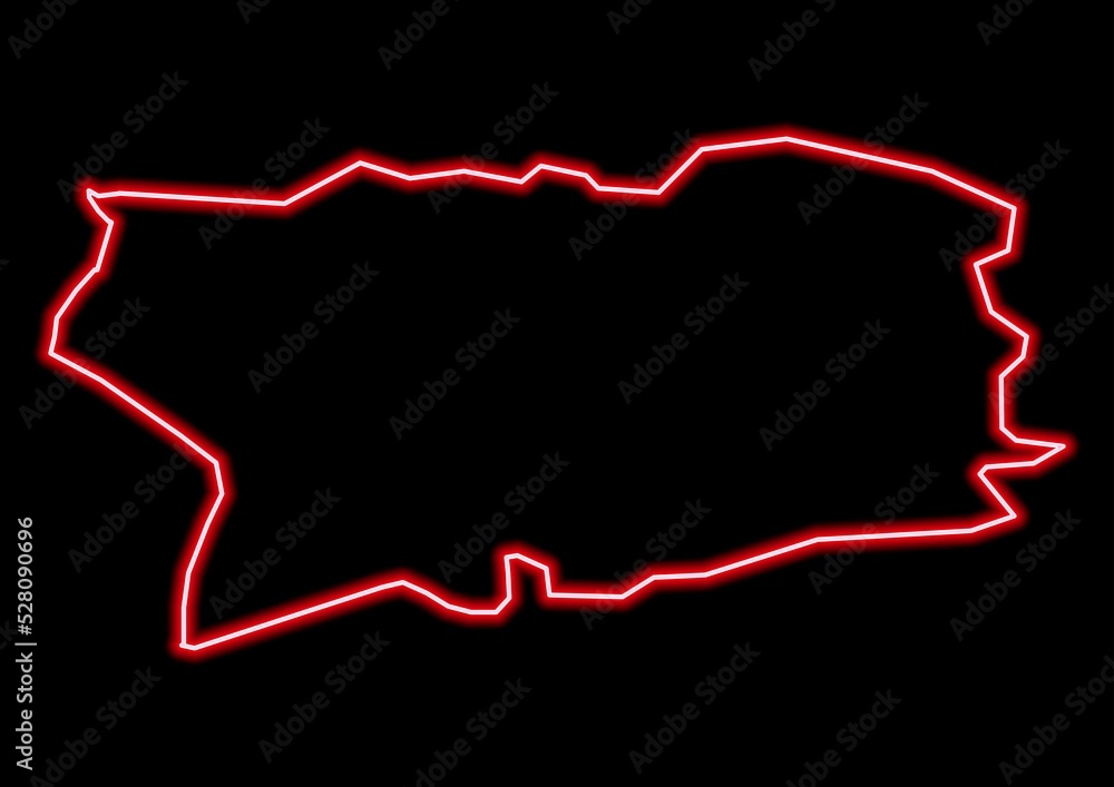 Red glowing neon map of Antrim United Kingdom on black background.