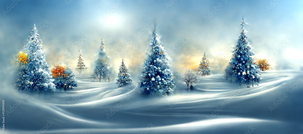 Beautiful tree in winter landscape , illustation