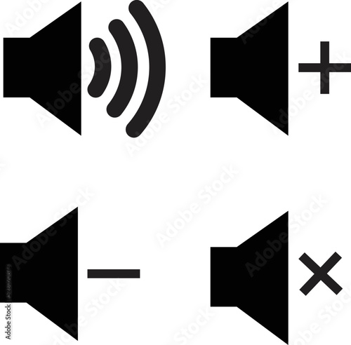 sound button set icons sound on and off, volume up and down, mute, loudspeaker sign, media web icon . Speaker audio icon set. Volume voice control on off mute symbol.