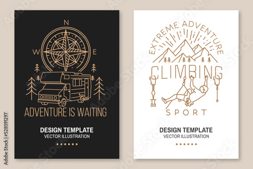 Set of camping inspirational quotes. Vector. Flyer, brochure, banner, poster line art typography design with climber, carabiners, climbing cams, hexes, compass, camper rv and forest silhouette.