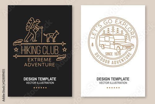 Set of camping inspirational quotes. Vector. Flyer, brochure, banner, poster line art typography design with hiker, dog, hiking stick, camper rv and forest silhouette.