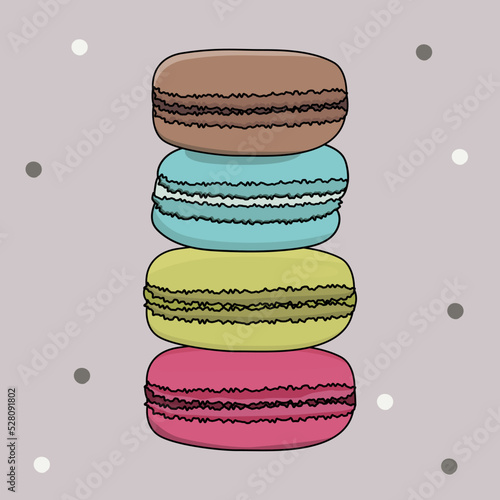 Set of different taste macarons, macaroons. Stack, pile of colorful almond macaron, macaroon biscuits, sweet and beautiful dessert.