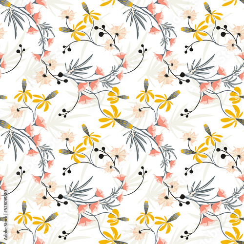 Beautiful floral motif. Vector texture. Small of gentle tones flowers intertwined in a seamless pattern on a white background. Elegant repeat design for decor, fabric, wallpapers, print, covers