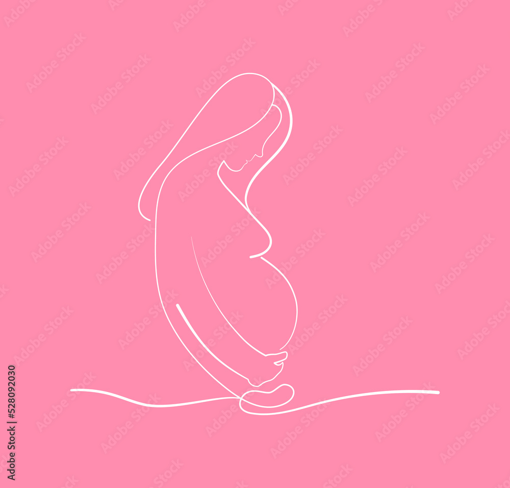 Pregnant woman silhouette, lined illustration, one-line art, motherhood illustration. Prenatal, pregnant woman symbol, silhouette picture of mother