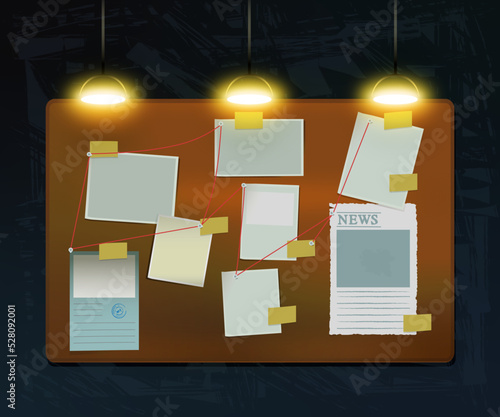 detective board with thread and sheets of paper