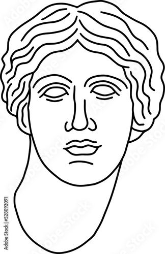 Hand drawn line art of antique Greek girl head. Illustration of classic greek sculpture 