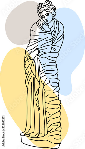 Illustration of antique statue of standing woman. Line drawing of ancient greek sculpture with color spots background.