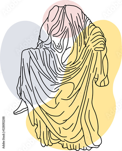 Illustration of antique statue of the goddess of victory Nika. Line drawing of ancient greek sculpture with color spots background. photo