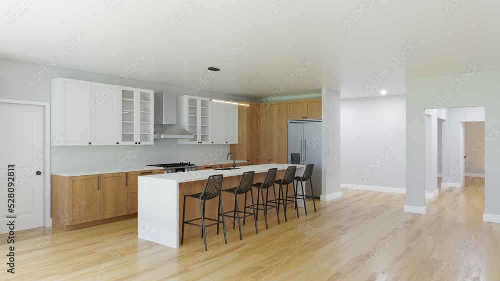 Fototapeta premium 3D visualization of a kitchen with a wooden floor.