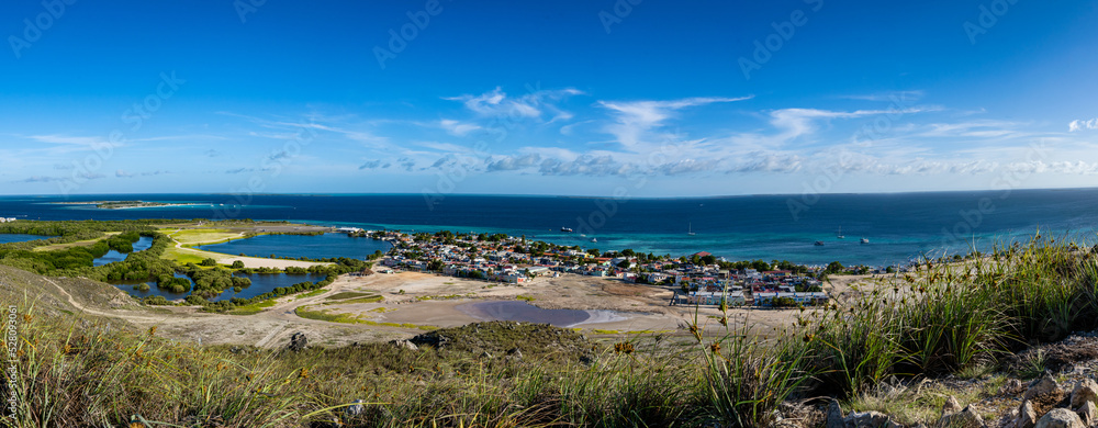 Aerial panoramic view of Los Roques town. Los Roques National Park, Venezuela.
