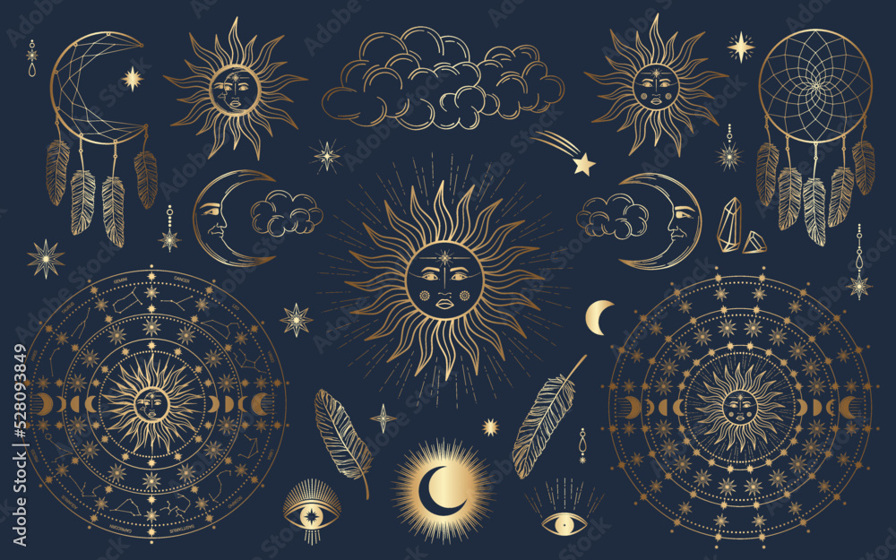 Hand drawn set of mystical Sun with woman's face, moon, feather, dreamcatcher, zodiac symbol, star in line art. Spiritual celestial space, constellation, horoscope, magic talisman vector illustration Hand drawn set of mystical Sun with woman's face, moon, feather, dreamcatcher, zodiac symbol, star in line art. Spiritual celestial space, constellation, horoscope, magic talisman vector illustration