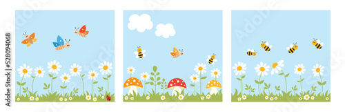 Set of nature landscape background with cute bees  butterflies  mushrooms  ladybug  daisies  grass and clouds. Vector illustration.