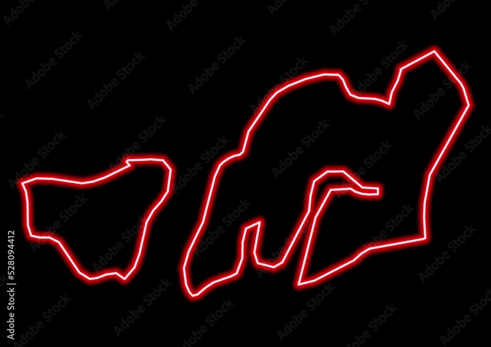 Red glowing neon map of Biombo Guinea Bissau on black background. Red glowing neon map of Biombo Guinea Bissau on black background.
