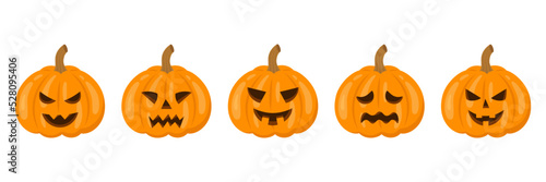 Set of Halloween pumpkins with scary faces. The main symbol of the Halloween day. Vector illustration in flat style.