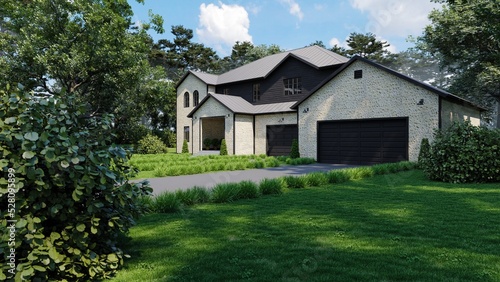 Large beautiful house with two garages. 3d render of a house. 