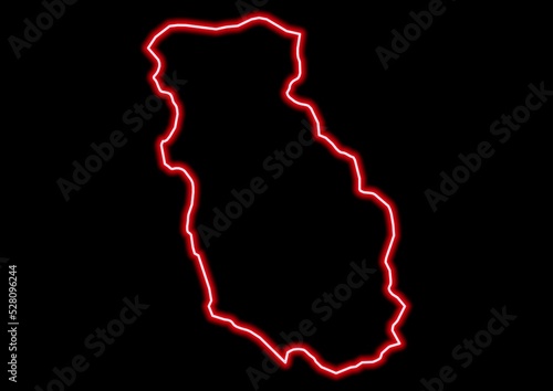 Red glowing neon map of Bumthang Bhutan on black background.