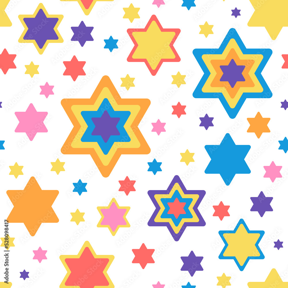 Star of David seamless pattern in bright colours on white background Vector illustration for Hanukkah holiday, wrapping paper, textile, fabric and packaging decoration Star of David seamless pattern in bright colours on white background Vector illustration for Hanukkah holiday, wrapping paper, textile, fabric and packaging decoration