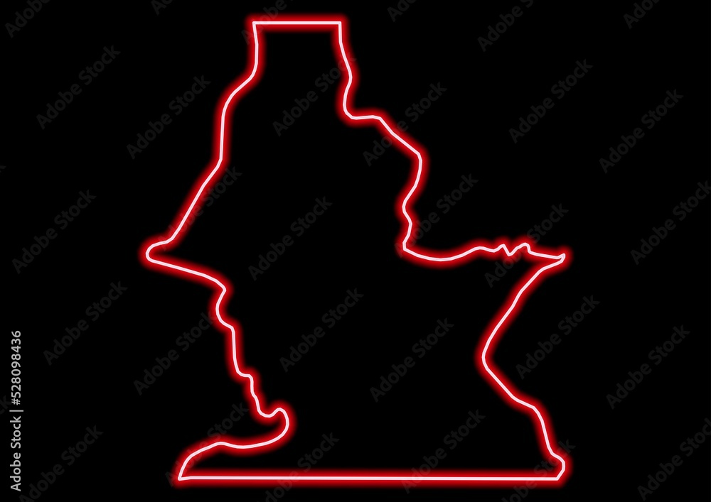 Red glowing neon map of Centro Sur Equatorial Guinea on black background. Red glowing neon map of Centro Sur Equatorial Guinea on black background.