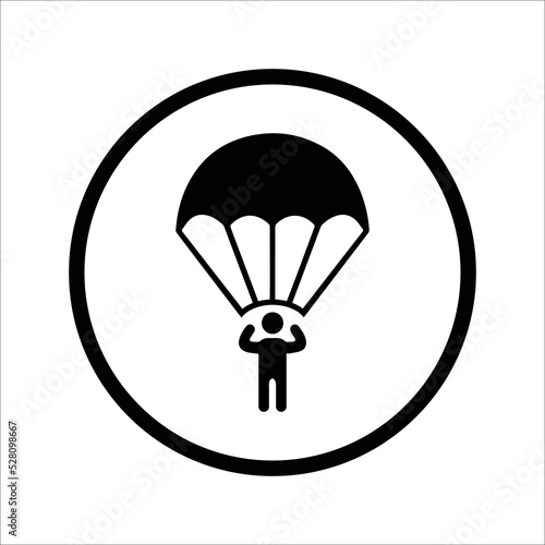 Landing, parachute, skydiving icon. Black vector design.