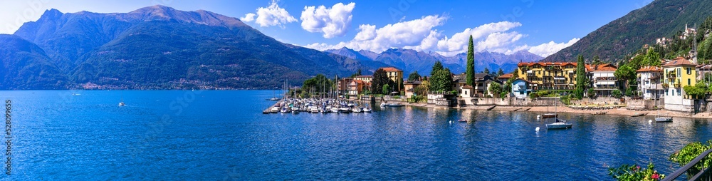 Stynning idyllic lake scenery, amazing Lago di Como.  Panoramic view of beautiful Bellano town. Italy, Lombardia