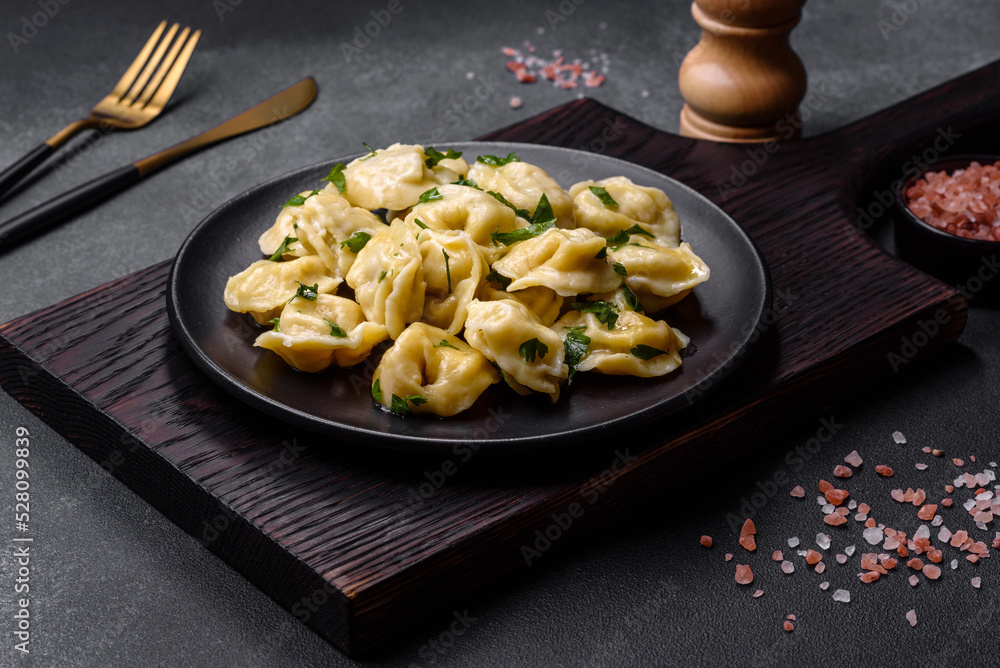 Delicious fresh dumplings with turkey meat, with spices and herbs Delicious fresh dumplings with turkey meat, with spices and herbs