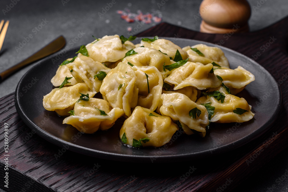 Delicious fresh dumplings with turkey meat, with spices and herbs