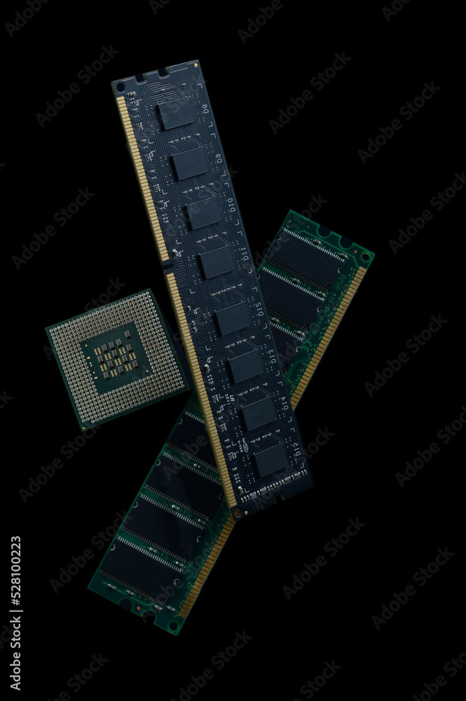 RAM and processor from a computer on a dark background