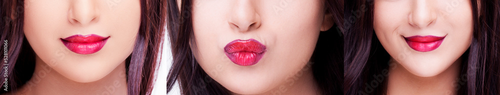 Obraz premium Set of woman's lips with red lipstick makeup. Close up sexy lipgloss make-up